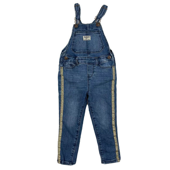 OshKosh B'Gosh Vestbak Girl Denim Blue Jean Overalls Pants Skinny Gold Stripe 3T - Picture 1 of 14